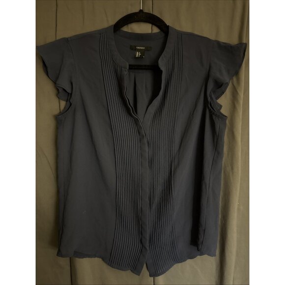 Forever 21 Button Up Top Size Small Short Ruffle Sleeved Blue Chiffon Pleated - Picture 1 of 12